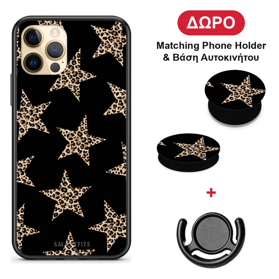 Leopard Stars on Black - iPhone 12 Pro θήκη + Δώρο Phone Holder & Βάση Αυτοκινήτου