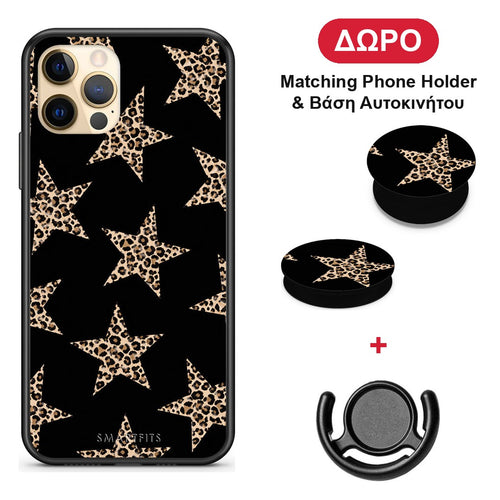 Leopard Stars on Black - iPhone 12 Pro θήκη + Δώρο Phone Holder & Βάση Αυτοκινήτου