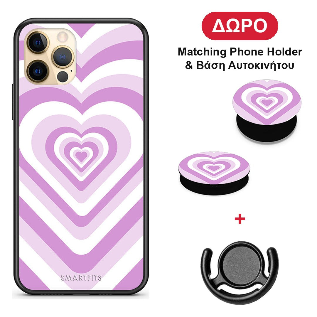 Lilac Hearts - iPhone 12 Pro θήκη + Δώρο Phone Holder & Βάση Αυτοκινήτου