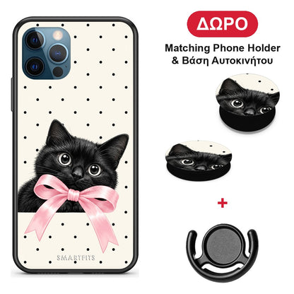 Black Kitten Pink Bow and Polka Dots - iPhone 12 Pro Max θήκη + Δώρο Phone Holder & Βάση Αυτοκινήτου