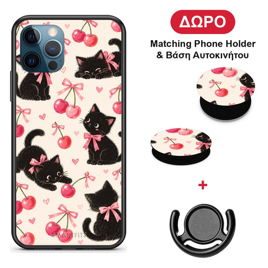 Black Kittens and Cherries on Cream - iPhone 12 Pro Max θήκη + Δώρο Phone Holder & Βάση Αυτοκινήτου