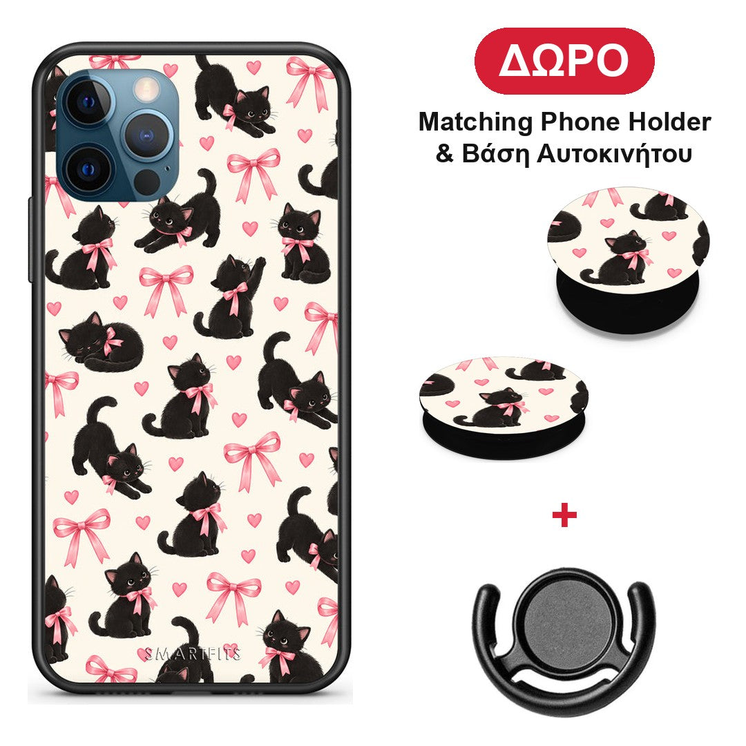 Black Kittens and Pink Bows on Cream Small - iPhone 12 Pro Max θήκη + Δώρο Phone Holder & Βάση Αυτοκινήτου