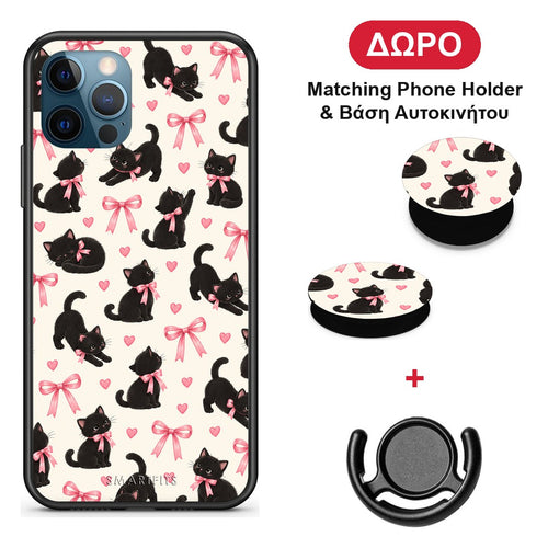Black Kittens and Pink Bows on Cream Small - iPhone 12 Pro Max θήκη + Δώρο Phone Holder & Βάση Αυτοκινήτου