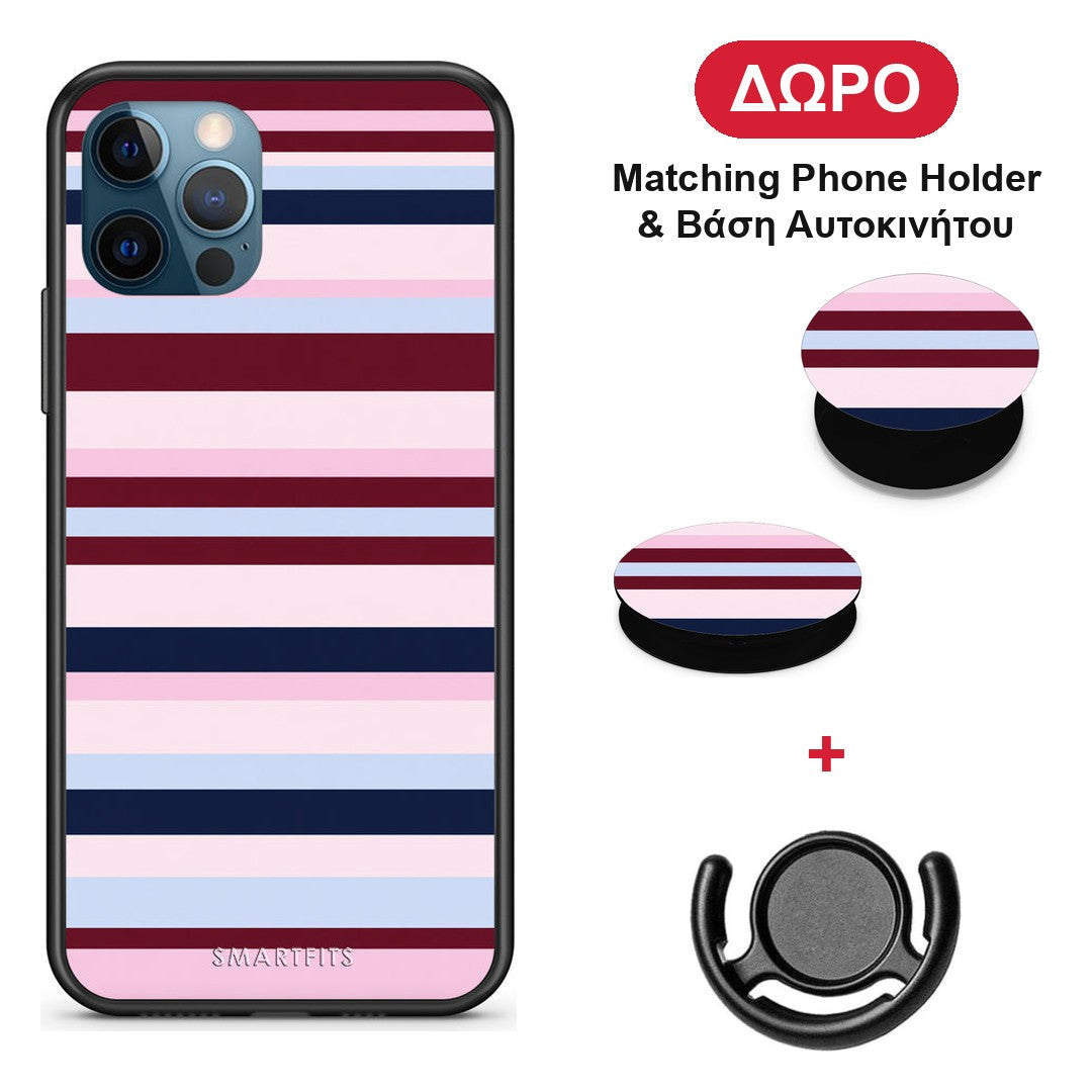 Burgundy Pink and Blue Horizontal Stripes - iPhone 12 Pro Max θήκη + Δώρο Phone Holder & Βάση Αυτοκινήτου