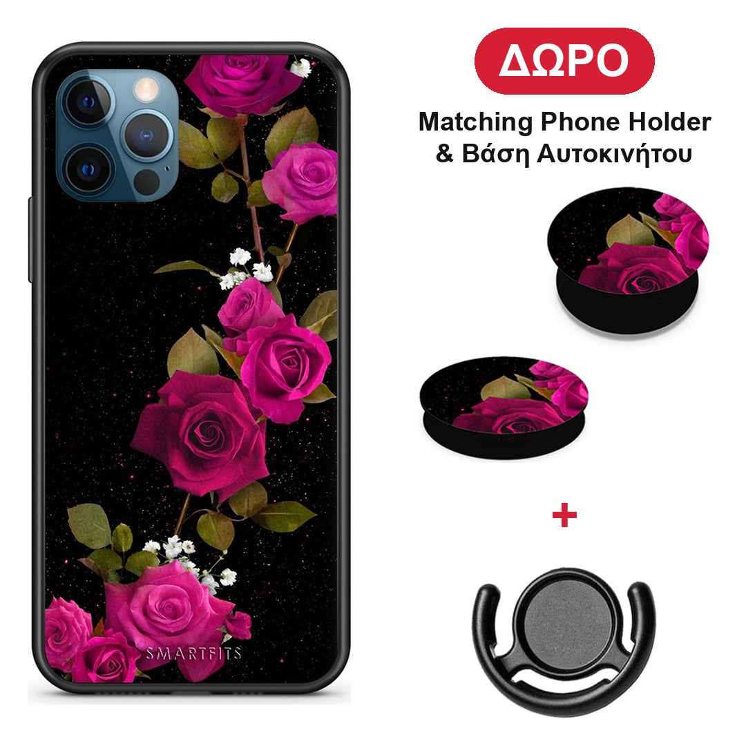 Flower Red Roses - iPhone 12 Pro Max θήκη + Δώρο Phone Holder & Βάση Αυτοκινήτου