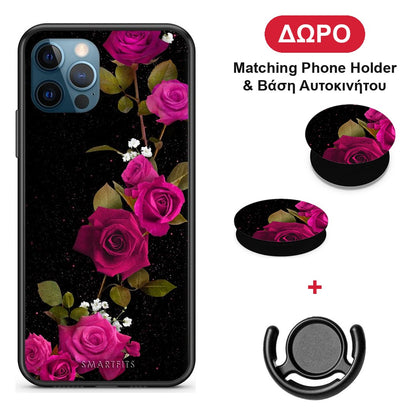 Flower Red Roses - iPhone 12 Pro Max θήκη + Δώρο Phone Holder & Βάση Αυτοκινήτου