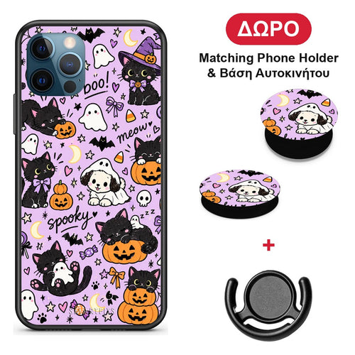 Halloween Black Cats on Lilac - iPhone 12 Pro Max θήκη + Δώρο Phone Holder & Βάση Αυτοκινήτου
