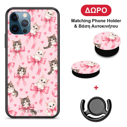 Kittens and Pink Bows on Pink - iPhone 12 Pro Max θήκη + Δώρο Phone Holder & Βάση Αυτοκινήτου