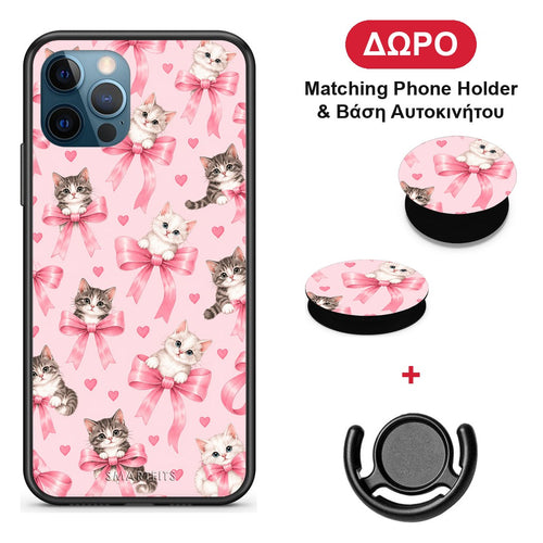 Kittens and Pink Bows on Pink - iPhone 12 Pro Max θήκη + Δώρο Phone Holder & Βάση Αυτοκινήτου