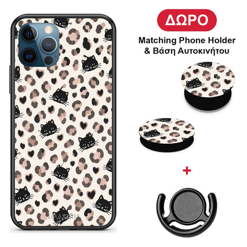 Leopard Spots and Black Cats on Cream - iPhone 12 Pro Max θήκη + Δώρο Phone Holder & Βάση Αυτοκινήτου