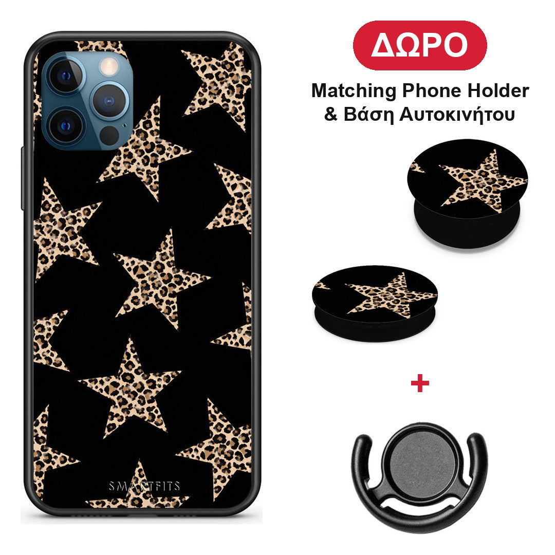 Leopard Stars on Black - iPhone 12 Pro Max θήκη + Δώρο Phone Holder & Βάση Αυτοκινήτου