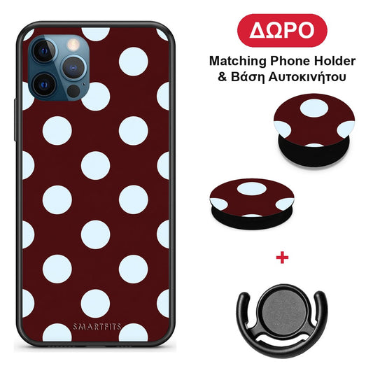 Pale Blue Large Polka Dots on Burgundy - iPhone 12 Pro Max θήκη + Δώρο Phone Holder & Βάση Αυτοκινήτου