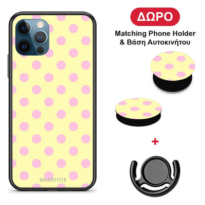 Pink Polka Dots on Yellow - iPhone 12 Pro Max θήκη + Δώρο Phone Holder & Βάση Αυτοκινήτου