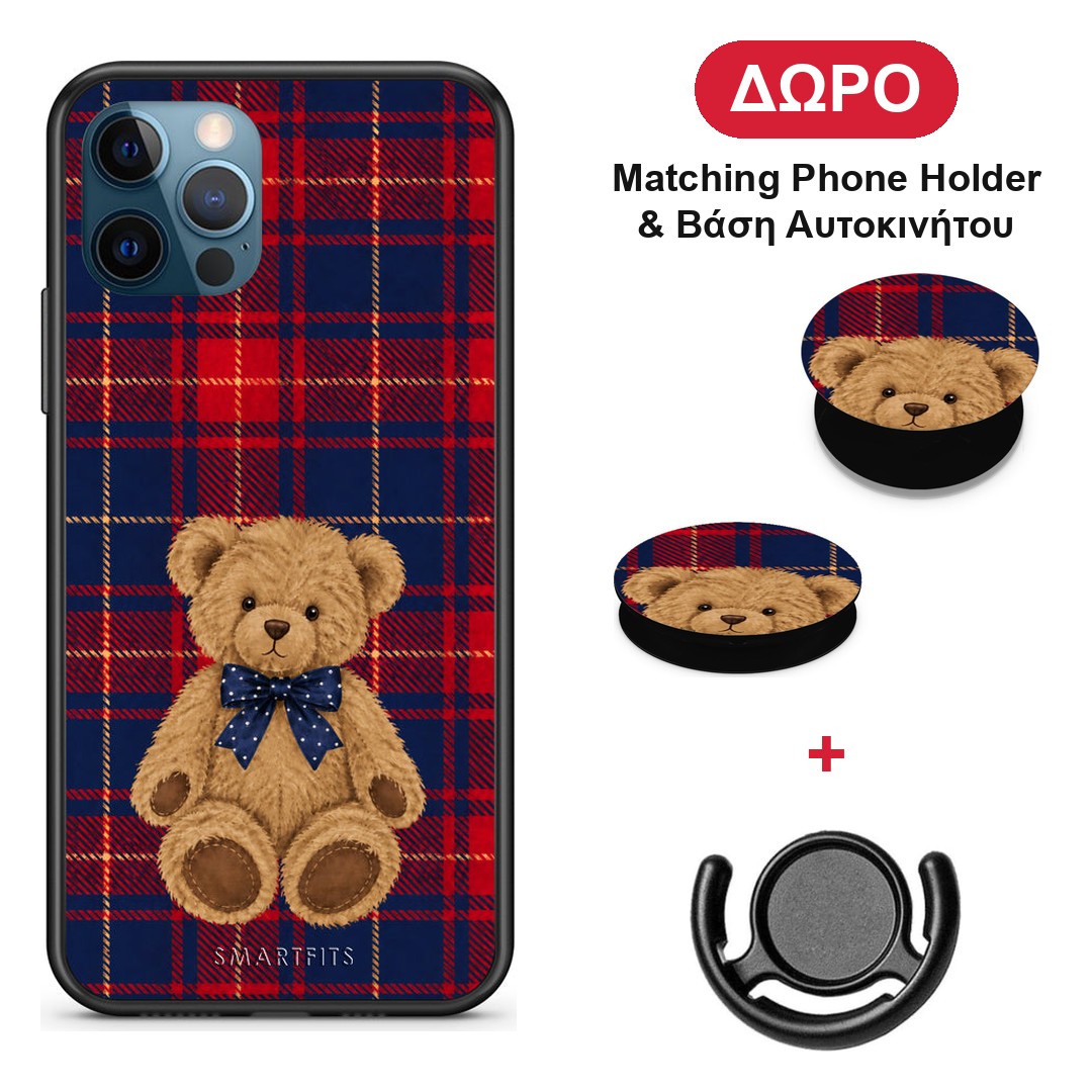 Teddy Bear on Red and Navy Tartan - iPhone 12 Pro Max θήκη + Δώρο Phone Holder & Βάση Αυτοκινήτου