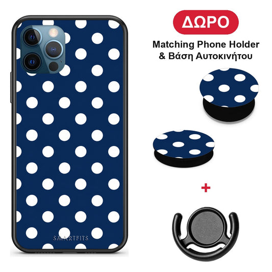 White Large Polka Dots on Navy - iPhone 12 Pro Max θήκη + Δώρο Phone Holder & Βάση Αυτοκινήτου