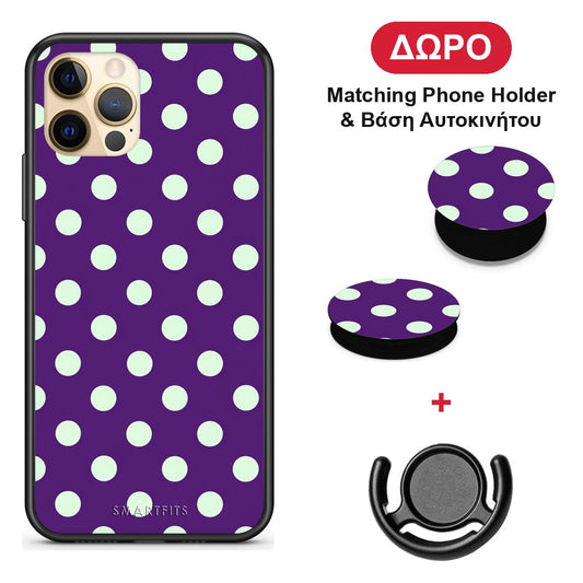 Mint Polka Dots on Purple - iPhone 12 Pro θήκη + Δώρο Phone Holder & Βάση Αυτοκινήτου