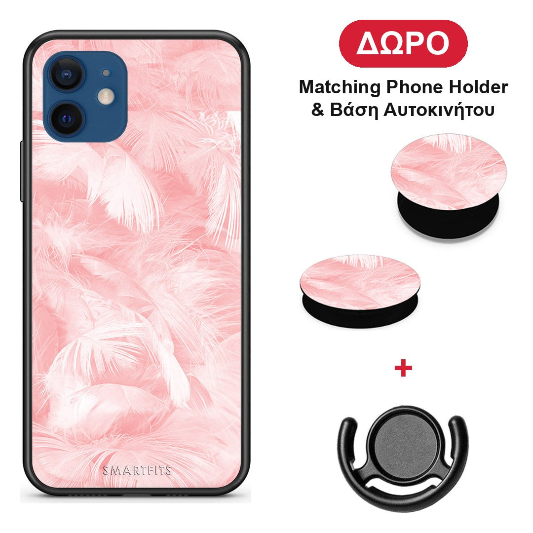 Boho Pink Feather - iPhone 12 Pro θήκη + Δώρο Phone Holder & Βάση Αυτοκινήτου
