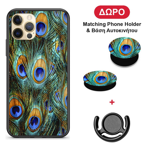 Real Peacock Feathers - iPhone 12 Pro θήκη + Δώρο Phone Holder & Βάση Αυτοκινήτου