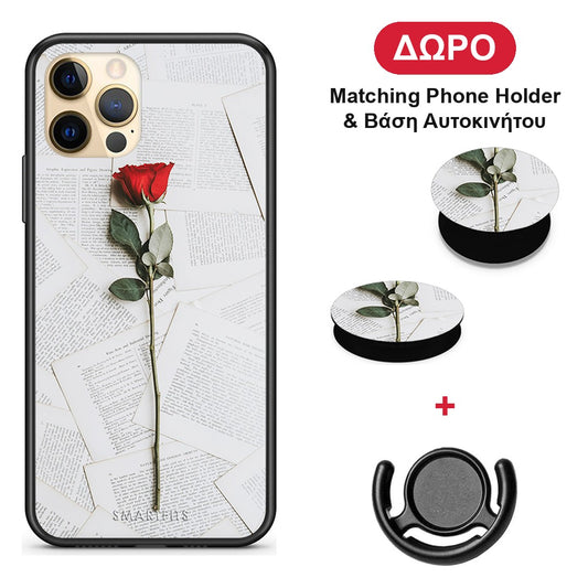 Red Rose - iPhone 12 Pro θήκη + Δώρο Phone Holder & Βάση Αυτοκινήτου