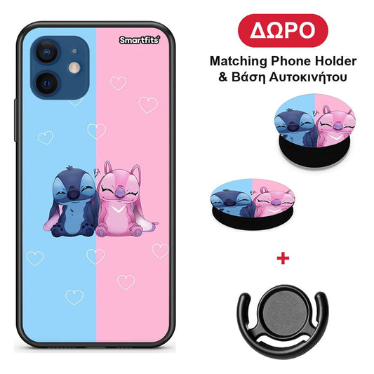 Stitch And Angel - iPhone 12 Pro θήκη + Δώρο Phone Holder & Βάση Αυτοκινήτου