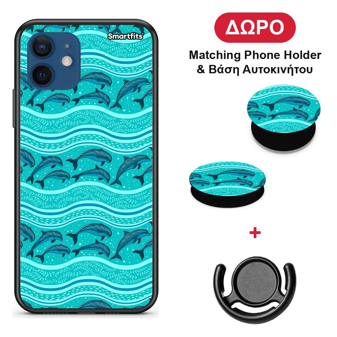Swimming Dolphins - iPhone 12 Pro θήκη + Δώρο Phone Holder & Βάση Αυτοκινήτου
