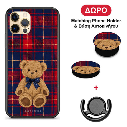 Teddy Bear on Red and Navy Tartan - iPhone 12 Pro θήκη + Δώρο Phone Holder & Βάση Αυτοκινήτου