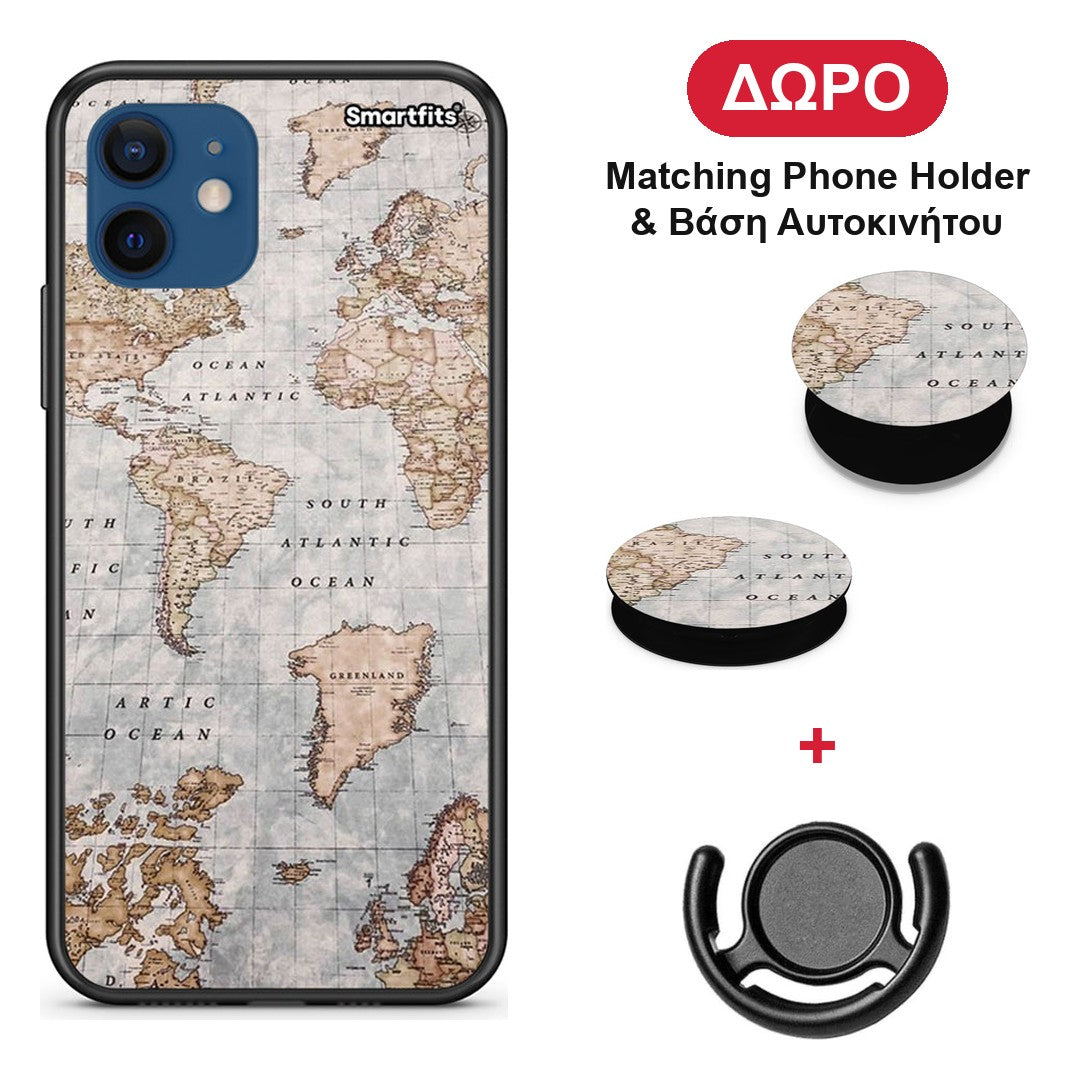 World Map - iPhone 12 Pro θήκη + Δώρο Phone Holder & Βάση Αυτοκινήτου