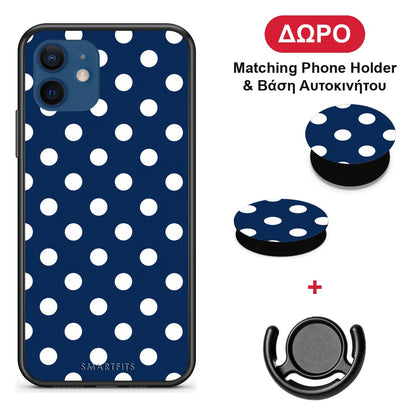 White Large Polka Dots on Navy - iPhone 12 θήκη + Δώρο Phone Holder & Βάση Αυτοκινήτου