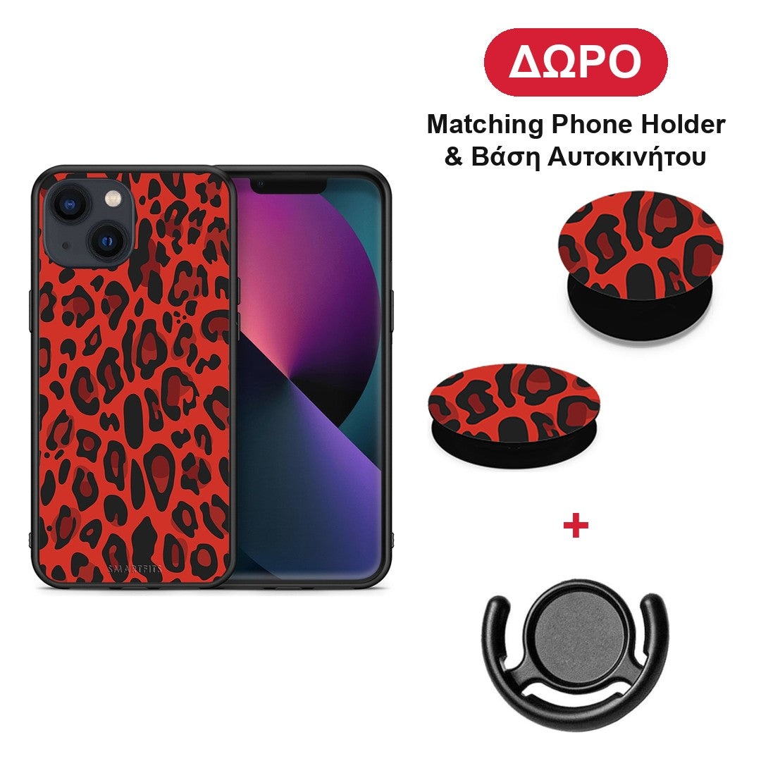 Animal Red Leopard - iPhone 13 θήκη + Δώρο Phone Holder & Βάση Αυτοκινήτου
