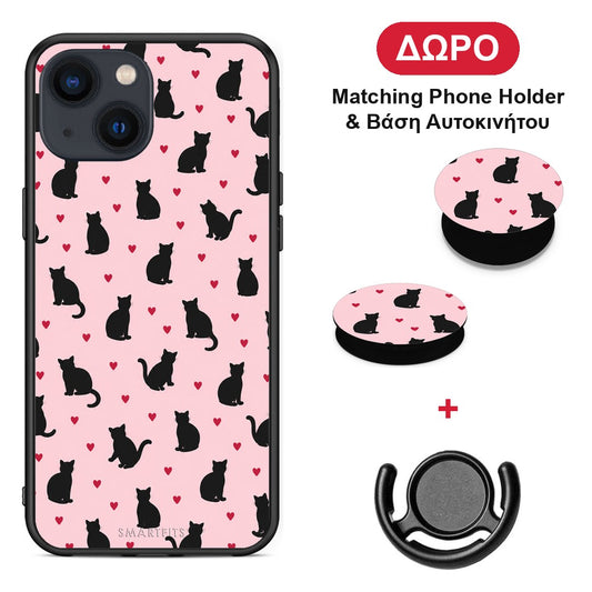 Black Cat Silhouettes and Hearts on Pink - iPhone 13 θήκη + Δώρο Phone Holder & Βάση Αυτοκινήτου