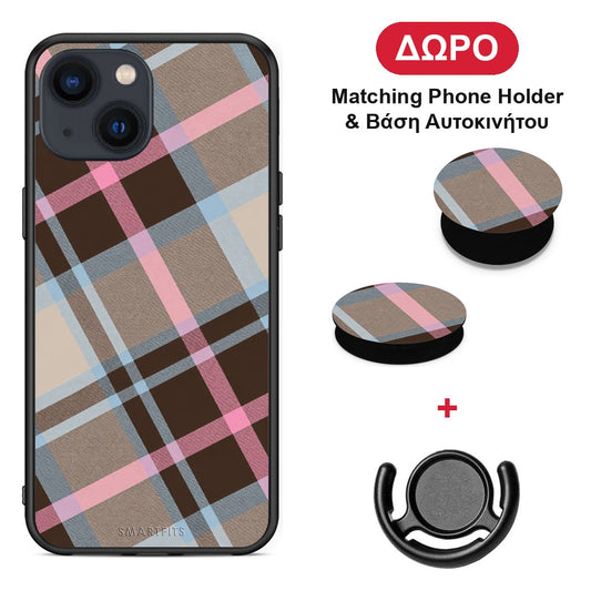 Brown Pink and Blue Diagonal Plaid - iPhone 13 θήκη + Δώρο Phone Holder & Βάση Αυτοκινήτου