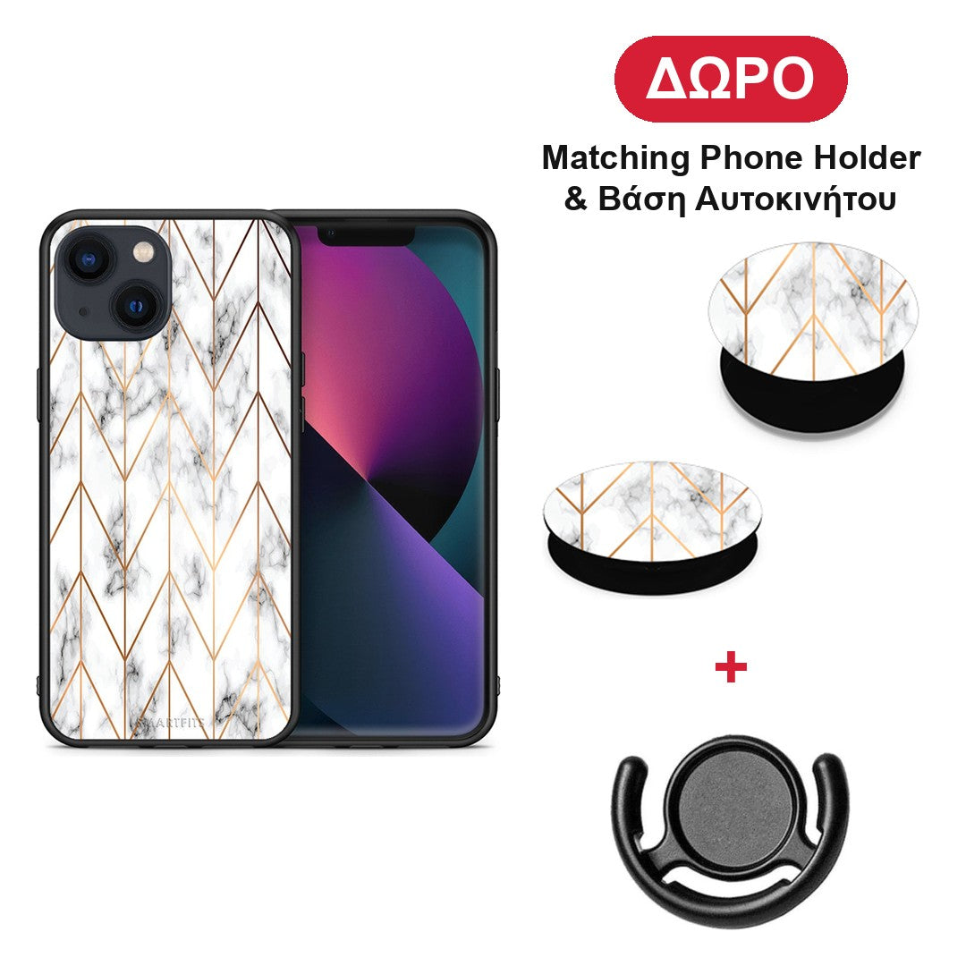 Marble Gold Geometric - iPhone 13 θήκη + Δώρο Phone Holder & Βάση Αυτοκινήτου