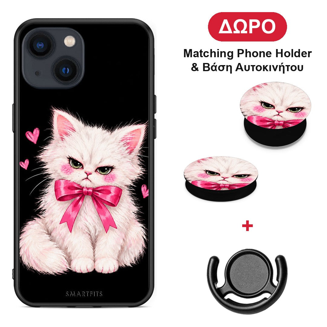 Grumpy Party Kitten on Black - iPhone 13 θήκη + Δώρο Phone Holder & Βάση Αυτοκινήτου