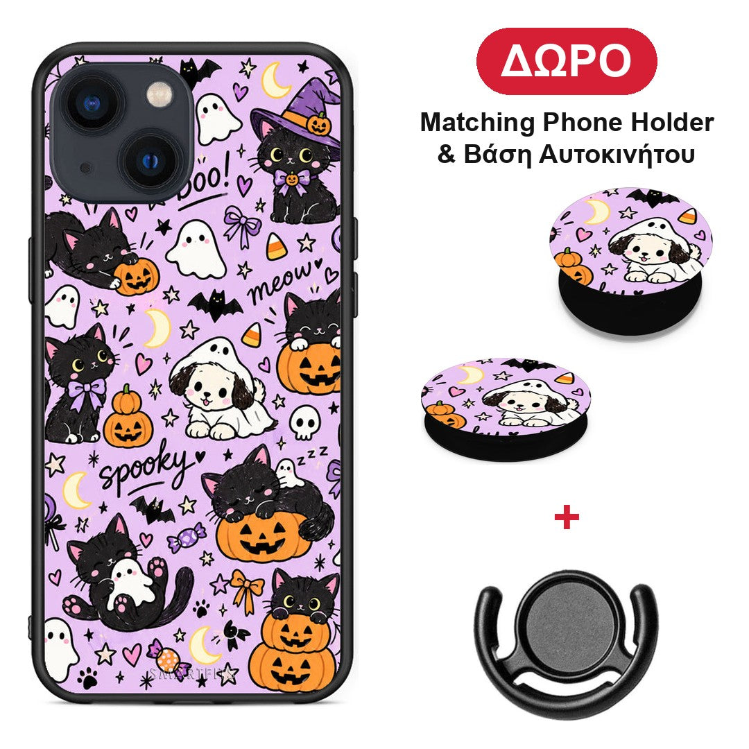Halloween Black Cats on Lilac - iPhone 13 θήκη + Δώρο Phone Holder & Βάση Αυτοκινήτου