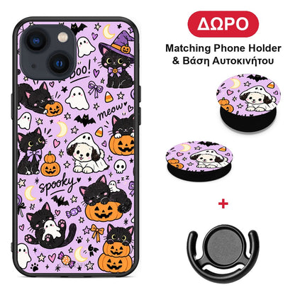 Halloween Black Cats on Lilac - iPhone 13 θήκη + Δώρο Phone Holder & Βάση Αυτοκινήτου