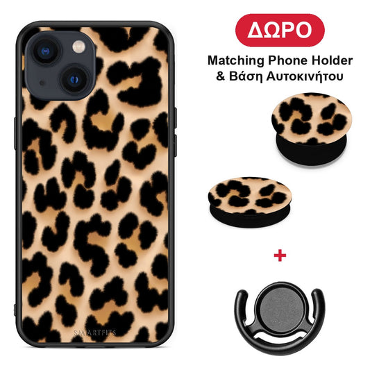 Leopard Print Tan Large - iPhone 13 θήκη + Δώρο Phone Holder & Βάση Αυτοκινήτου
