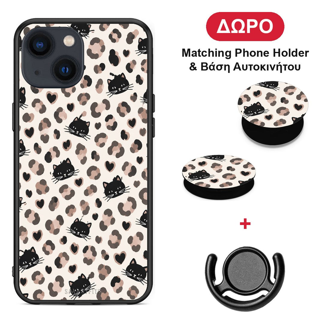 Leopard Spots and Black Cats on Cream - iPhone 13 θήκη + Δώρο Phone Holder & Βάση Αυτοκινήτου