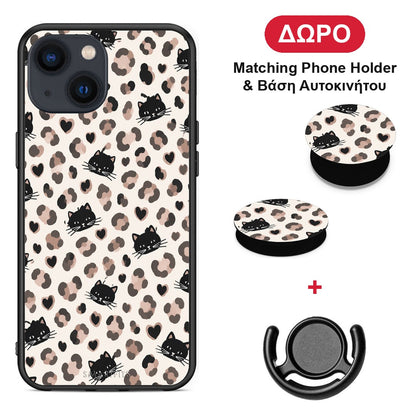 Leopard Spots and Black Cats on Cream - iPhone 13 θήκη + Δώρο Phone Holder & Βάση Αυτοκινήτου