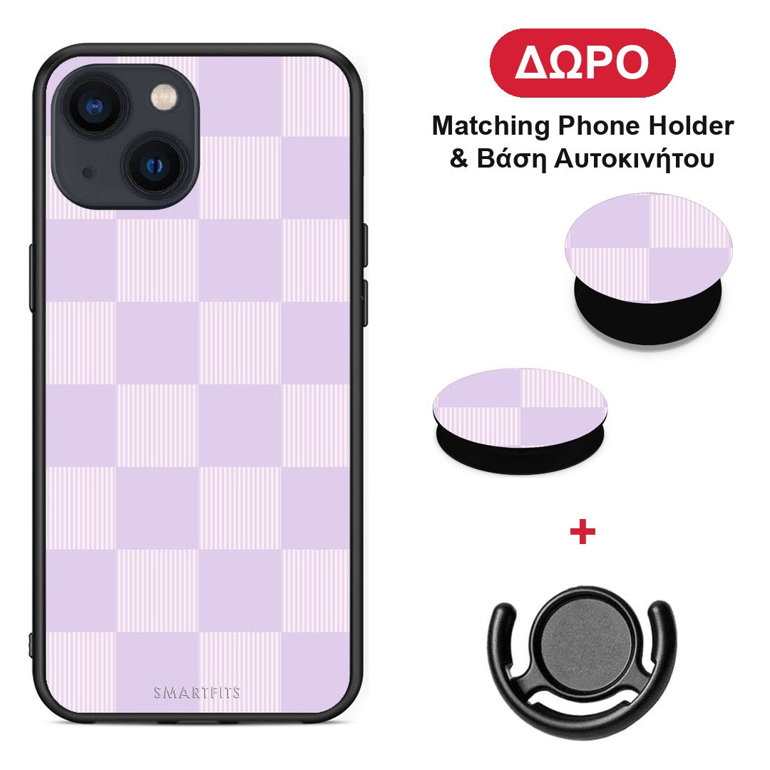 Lilac and Cream Striped Checks - iPhone 13 θήκη + Δώρο Phone Holder & Βάση Αυτοκινήτου