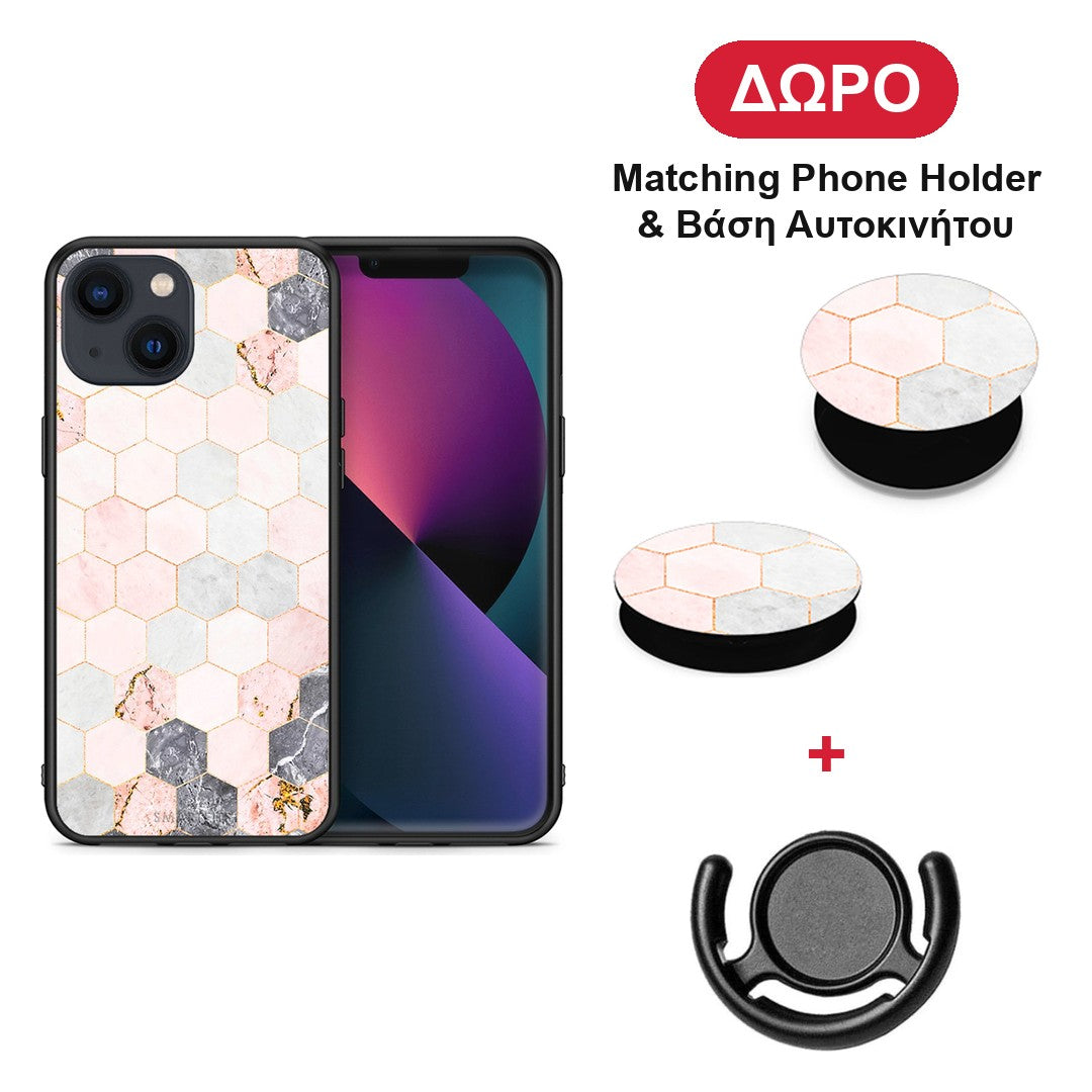 Marble Hexagon Pink - iPhone 13 θήκη + Δώρο Phone Holder & Βάση Αυτοκινήτου
