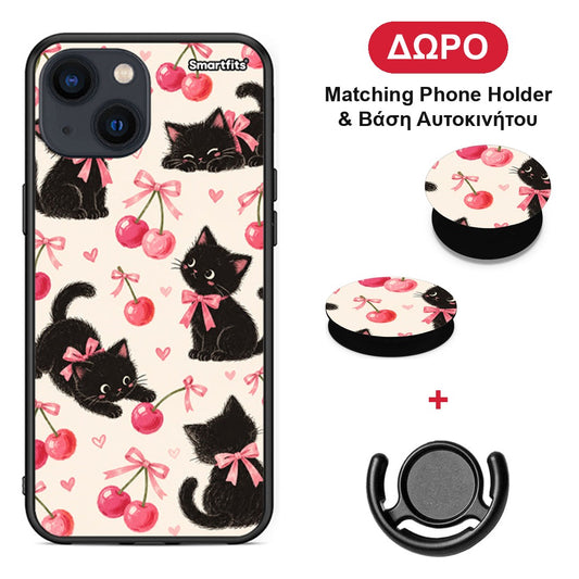 Black Kittens and Cherries on Cream - iPhone 13 Mini θήκη + Δώρο Phone Holder & Βάση Αυτοκινήτου