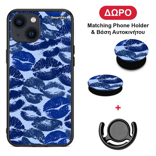 Blue Lipstick Kisses - iPhone 13 Mini θήκη + Δώρο Phone Holder & Βάση Αυτοκινήτου
