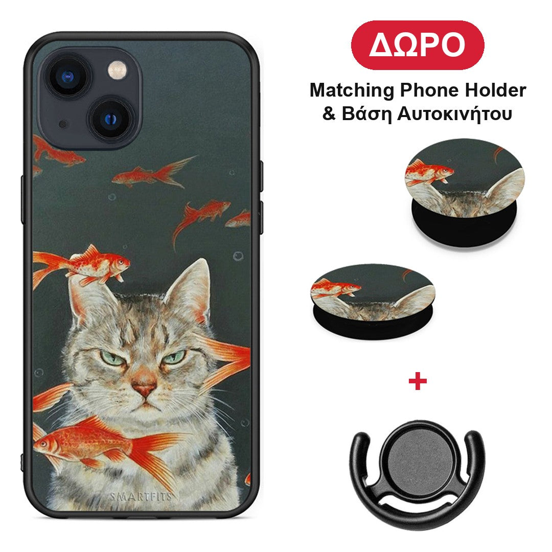 Cat Goldfish - iPhone 13 Mini θήκη + Δώρο Phone Holder & Βάση Αυτοκινήτου