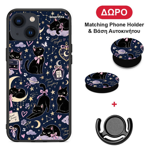 Celestial Black Cats on Navy - iPhone 13 Mini θήκη + Δώρο Phone Holder & Βάση Αυτοκινήτου