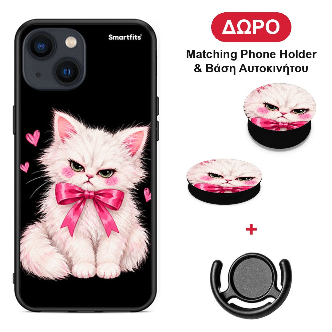Grumpy Party Kitten on Black - iPhone 13 Mini θήκη + Δώρο Phone Holder & Βάση Αυτοκινήτου