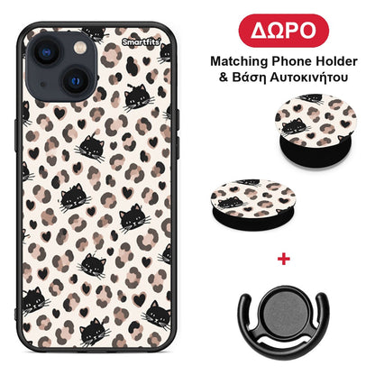 Leopard Spots and Black Cats on Cream - iPhone 13 Mini θήκη + Δώρο Phone Holder & Βάση Αυτοκινήτου