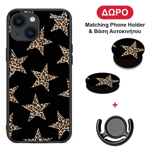 Leopard Stars on Black - iPhone 13 Mini θήκη + Δώρο Phone Holder & Βάση Αυτοκινήτου