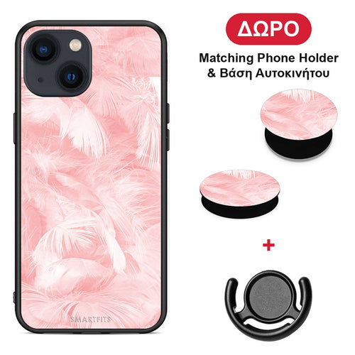 Boho Pink Feather - iPhone 13 Mini θήκη + Δώρο Phone Holder & Βάση Αυτοκινήτου