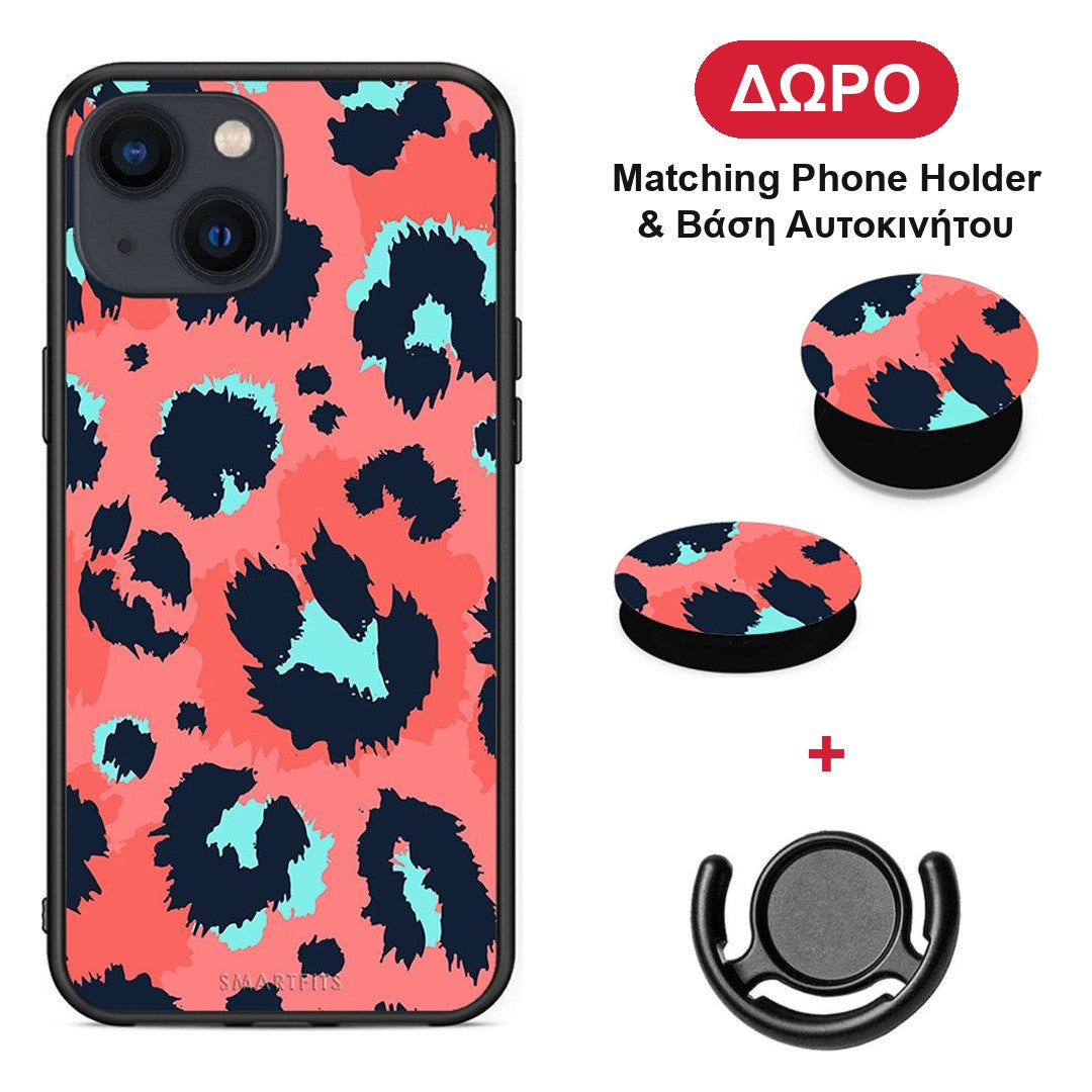 Animal Pink Leopard - iPhone 13 Mini θήκη + Δώρο Phone Holder & Βάση Αυτοκινήτου