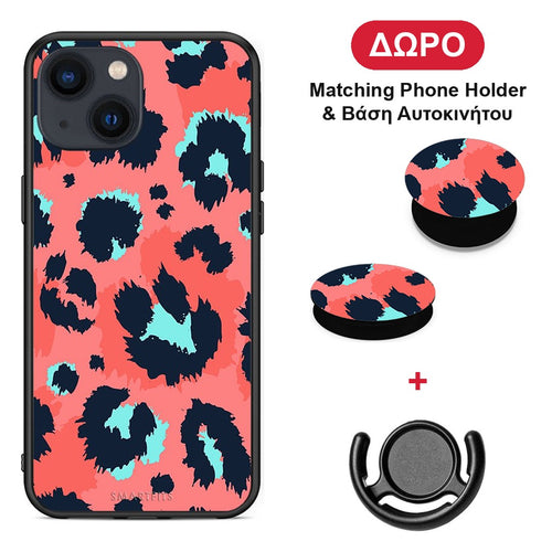 Animal Pink Leopard - iPhone 13 Mini θήκη + Δώρο Phone Holder & Βάση Αυτοκινήτου